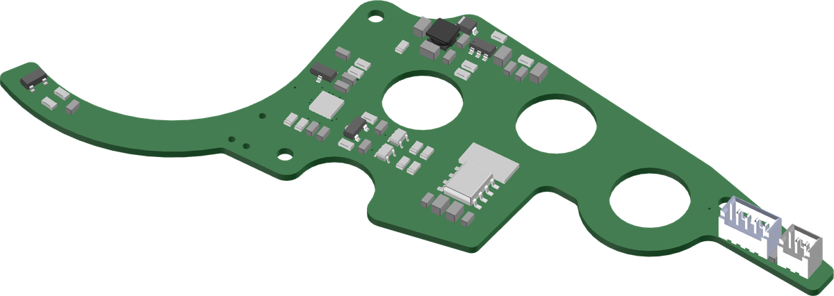 3D-render van de e-shifter printplaat, revisie v8